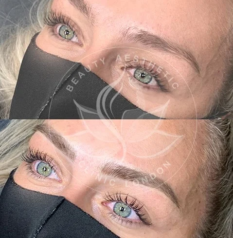 Detailed view of microblading eyebrows, highlighting the natural-looking, perfectly shaped brow strokes created with precision