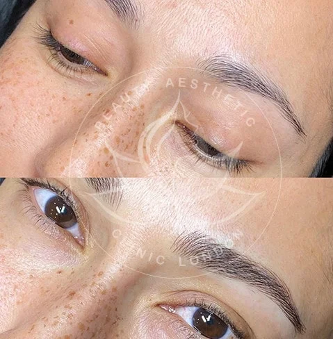 Detailed view of microblading eyebrows, highlighting the natural-looking, perfectly shaped brow strokes created with precision