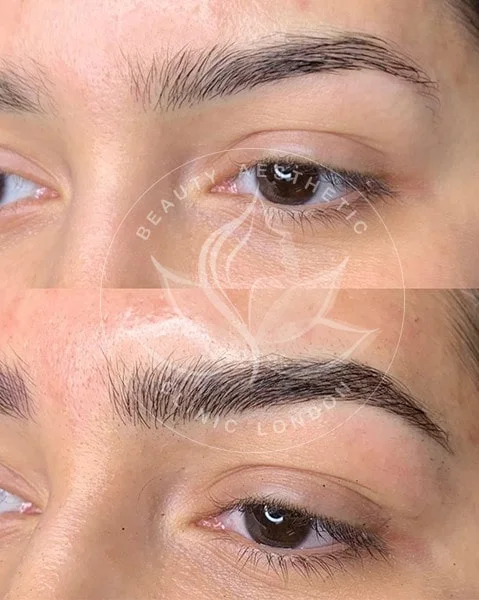 Detailed view of microblading eyebrows, highlighting the natural-looking, perfectly shaped brow strokes created with precision