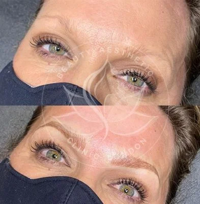 Detailed view of microblading eyebrows, highlighting the natural-looking, perfectly shaped brow strokes created with precision