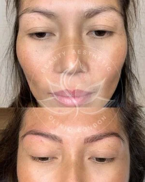 Detailed view of microblading eyebrows, highlighting the natural-looking, perfectly shaped brow strokes created with precision