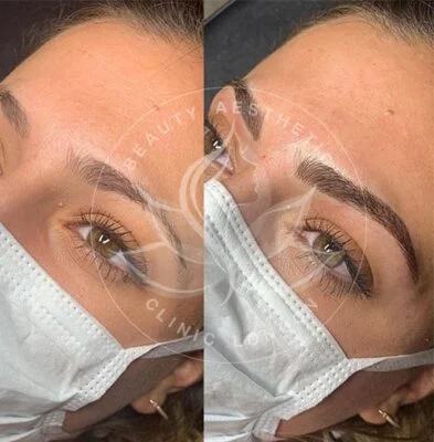 Detailed view of microblading eyebrows, highlighting the natural-looking, perfectly shaped brow strokes created with precision