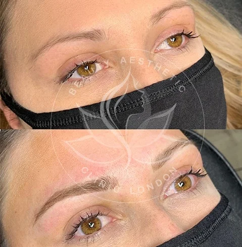 Detailed view of microblading eyebrows, highlighting the natural-looking, perfectly shaped brow strokes created with precision
