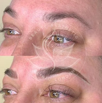 Detailed view of microblading eyebrows, highlighting the natural-looking, perfectly shaped brow strokes created with precision