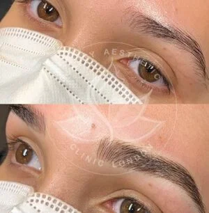 Detailed view of microblading eyebrows, highlighting the natural-looking, perfectly shaped brow strokes created with precision