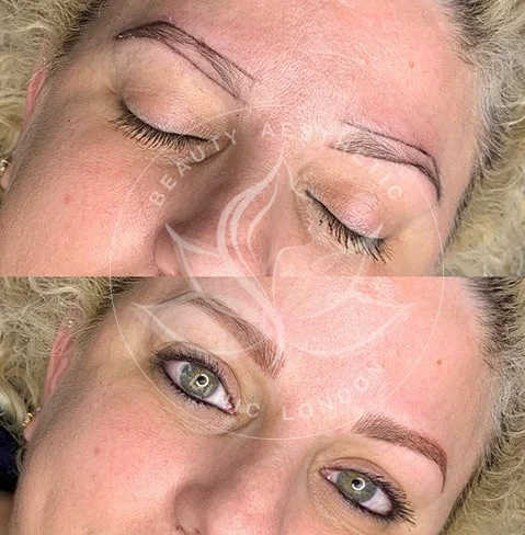 Detailed view of microblading eyebrows, highlighting the natural-looking, perfectly shaped brow strokes created with precision