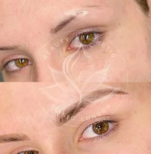 Detailed view of microblading eyebrows, highlighting the natural-looking, perfectly shaped brow strokes created with precision
