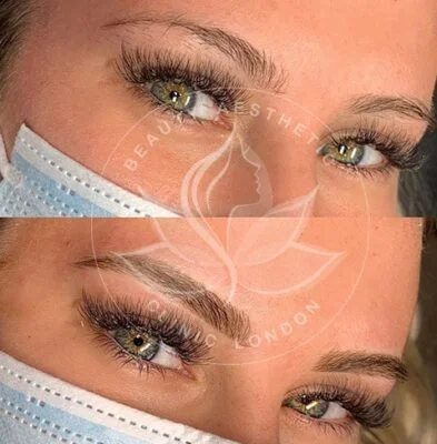 Detailed view of microblading eyebrows, highlighting the natural-looking, perfectly shaped brow strokes created with precision