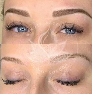 Detailed view of microblading eyebrows, highlighting the natural-looking, perfectly shaped brow strokes created with precision