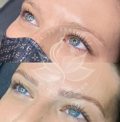 Detailed view of microblading eyebrows, highlighting the natural-looking, perfectly shaped brow strokes created with precision