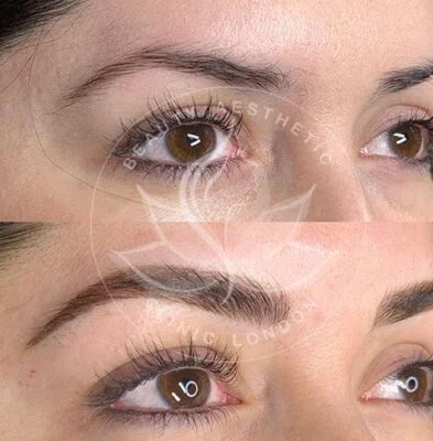 Detailed view of microblading eyebrows, highlighting the natural-looking, perfectly shaped brow strokes created with precision