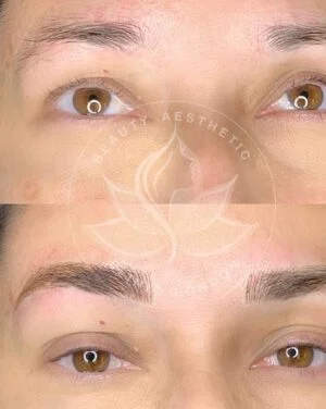Detailed view of microblading eyebrows, highlighting the natural-looking, perfectly shaped brow strokes created with precision