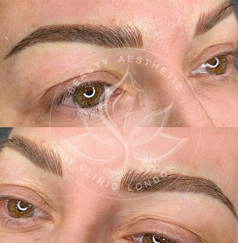 Detailed view of microblading eyebrows, highlighting the natural-looking, perfectly shaped brow strokes created with precision