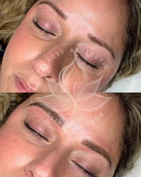 Detailed view of microblading eyebrows, highlighting the natural-looking, perfectly shaped brow strokes created with precision