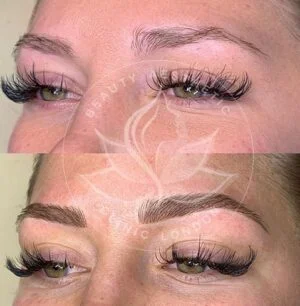Detailed view of microblading eyebrows, highlighting the natural-looking, perfectly shaped brow strokes created with precision