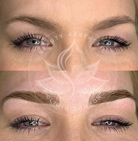 Detailed view of microblading eyebrows, highlighting the natural-looking, perfectly shaped brow strokes created with precision