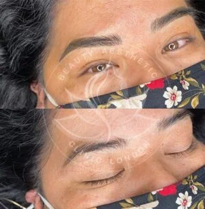 Detailed view of microblading eyebrows, highlighting the natural-looking, perfectly shaped brow strokes created with precision