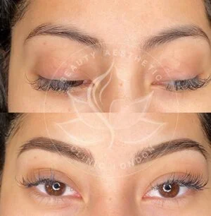 Detailed view of microblading eyebrows, highlighting the natural-looking, perfectly shaped brow strokes created with precision