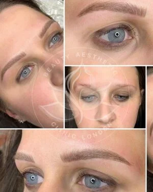 Detailed view of microblading eyebrows, highlighting the natural-looking, perfectly shaped brow strokes created with precision