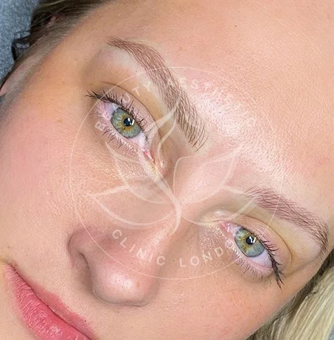 Detailed view of microblading eyebrows, highlighting the natural-looking, perfectly shaped brow strokes created with precision