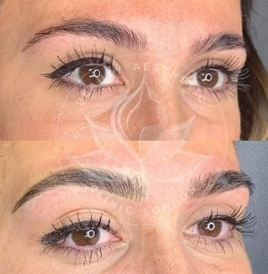 Detailed view of microblading eyebrows, highlighting the natural-looking, perfectly shaped brow strokes created with precision