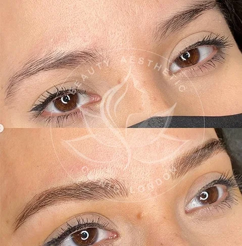 Detailed view of microblading eyebrows, highlighting the natural-looking, perfectly shaped brow strokes created with precision