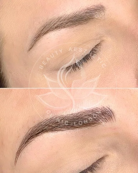 Detailed view of microblading eyebrows, highlighting the natural-looking, perfectly shaped brow strokes created with precision