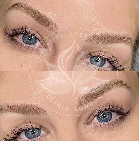 Detailed view of microblading eyebrows, highlighting the natural-looking, perfectly shaped brow strokes created with precision