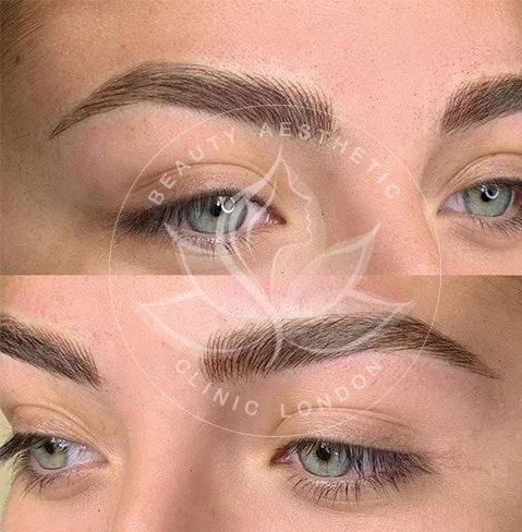 Detailed view of microblading eyebrows, highlighting the natural-looking, perfectly shaped brow strokes created with precision