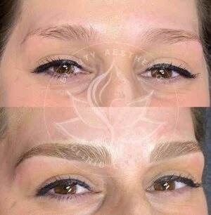 Detailed view of microblading eyebrows, highlighting the natural-looking, perfectly shaped brow strokes created with precision