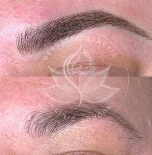 Detailed view of microblading eyebrows, highlighting the natural-looking, perfectly shaped brow strokes created with precision