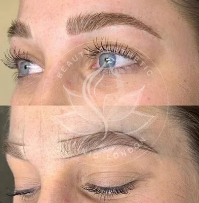 Detailed view of microblading eyebrows, highlighting the natural-looking, perfectly shaped brow strokes created with precision