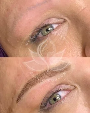 Detailed view of microblading eyebrows, highlighting the natural-looking, perfectly shaped brow strokes created with precision