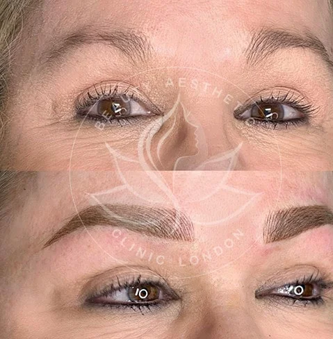 Detailed view of microblading eyebrows, highlighting the natural-looking, perfectly shaped brow strokes created with precision