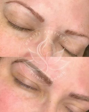 Detailed view of microblading eyebrows, highlighting the natural-looking, perfectly shaped brow strokes created with precision