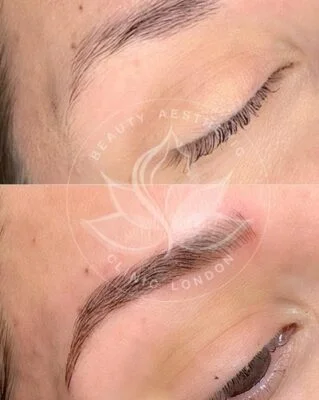 Detailed view of microblading eyebrows, highlighting the natural-looking, perfectly shaped brow strokes created with precision