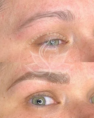 Detailed view of microblading eyebrows, highlighting the natural-looking, perfectly shaped brow strokes created with precision