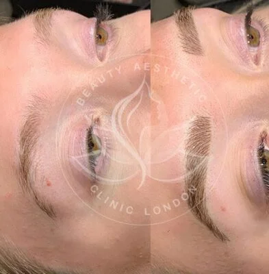 Detailed view of microblading eyebrows, highlighting the natural-looking, perfectly shaped brow strokes created with precision