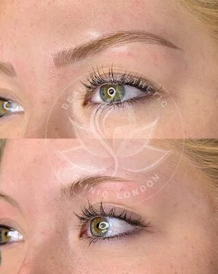 Detailed view of microblading eyebrows, highlighting the natural-looking, perfectly shaped brow strokes created with precision