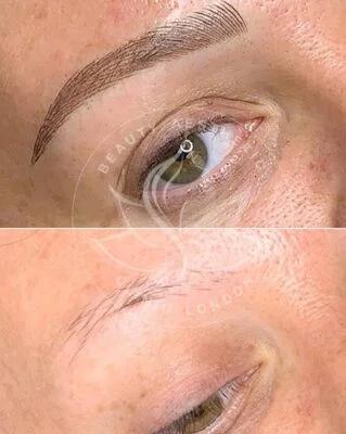 Detailed view of microblading eyebrows, highlighting the natural-looking, perfectly shaped brow strokes created with precision