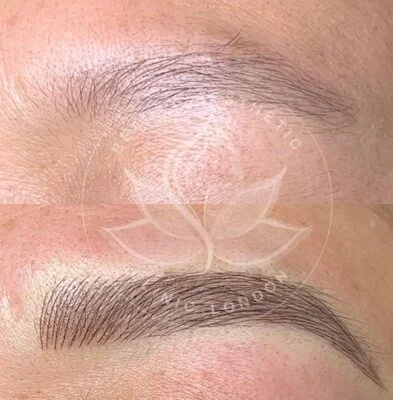 Detailed view of microblading eyebrows, highlighting the natural-looking, perfectly shaped brow strokes created with precision
