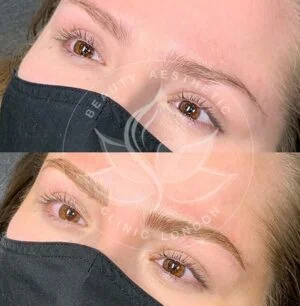 Detailed view of microblading eyebrows, highlighting the natural-looking, perfectly shaped brow strokes created with precision