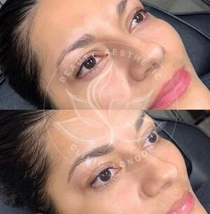 Detailed view of microblading eyebrows, highlighting the natural-looking, perfectly shaped brow strokes created with precision