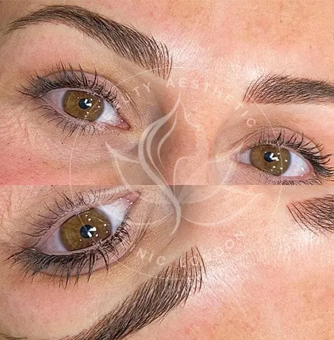 Detailed view of microblading eyebrows, highlighting the natural-looking, perfectly shaped brow strokes created with precision