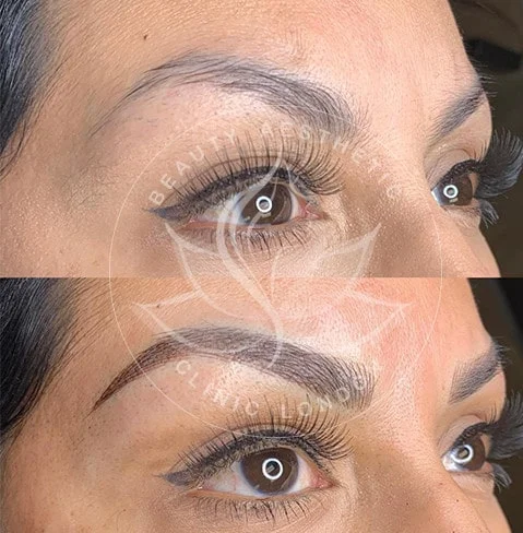 Detailed view of microblading eyebrows, highlighting the natural-looking, perfectly shaped brow strokes created with precision