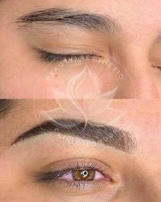 Detailed view of microblading eyebrows, highlighting the natural-looking, perfectly shaped brow strokes created with precision