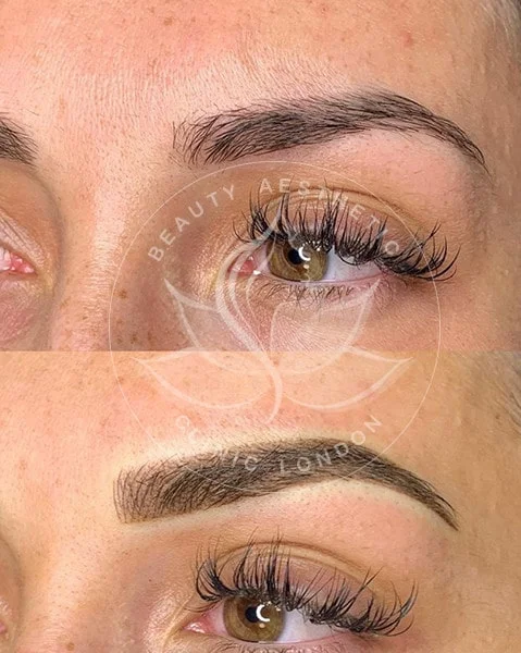Detailed view of microblading eyebrows, highlighting the natural-looking, perfectly shaped brow strokes created with precision