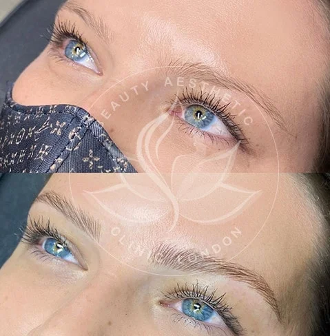 Detailed view of microblading eyebrows, highlighting the natural-looking, perfectly shaped brow strokes created with precision