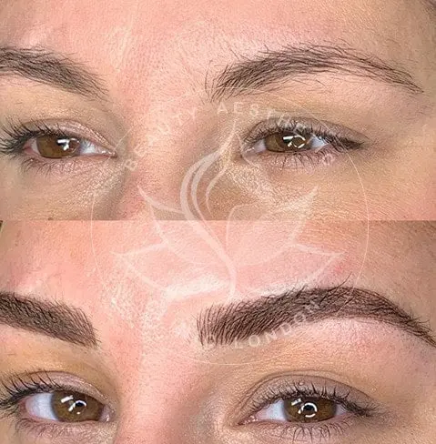 Detailed view of microblading eyebrows, highlighting the natural-looking, perfectly shaped brow strokes created with precision
