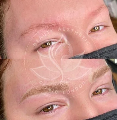 Detailed view of microblading eyebrows, highlighting the natural-looking, perfectly shaped brow strokes created with precision